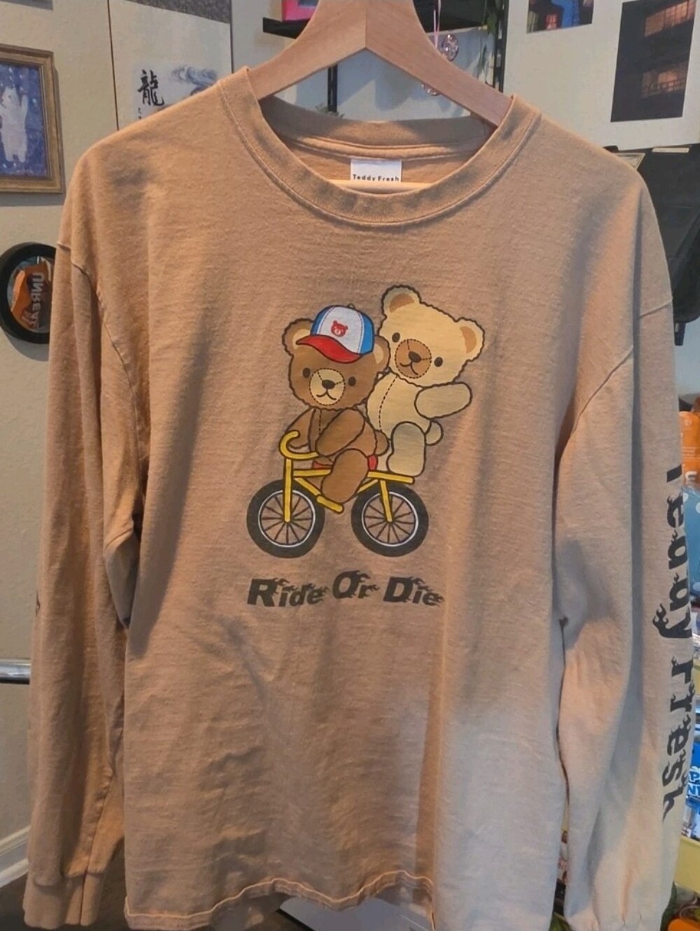 Teddy Fresh XL Tan Long Sleeve Crew Neck Graphic Cotton Knit T-Shirt Ride Or Die